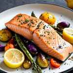 ** Salmon fillet with roasted vegetables, drizzled with flaxseed oil and lemon dressing. Focus on the vibrant colors of the vegetables and the texture of the salmon. The setting should be a modern Scandinavian kitchen.
2.  **
