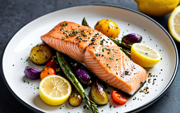 ** Salmon fillet with roasted vegetables, drizzled with flaxseed oil and lemon dressing. Focus on the vibrant colors of the vegetables and the texture of the salmon. The setting should be a modern Scandinavian kitchen.
2.  **
