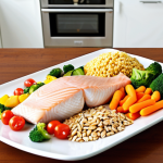 **Image:** A vibrant plate showcasing a balanced meal with lean protein (fish), colorful vegetables, and complex carbohydrates (whole grains), emphasizing a heart-healthy diet for someone recovering from heart disease.  The scene is in a bright, modern kitchen.