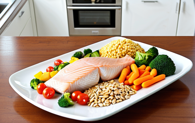**Image:** A vibrant plate showcasing a balanced meal with lean protein (fish), colorful vegetables, and complex carbohydrates (whole grains), emphasizing a heart-healthy diet for someone recovering from heart disease.  The scene is in a bright, modern kitchen.